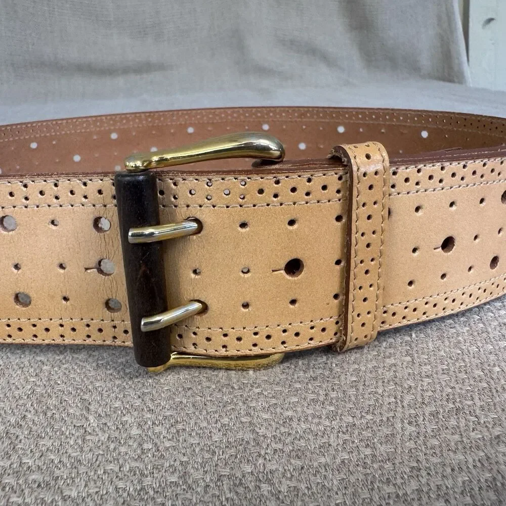 Vintage Ginnie Johansen Wide Brown Leather Belt Brass Buckle Y2K Hip Western 552